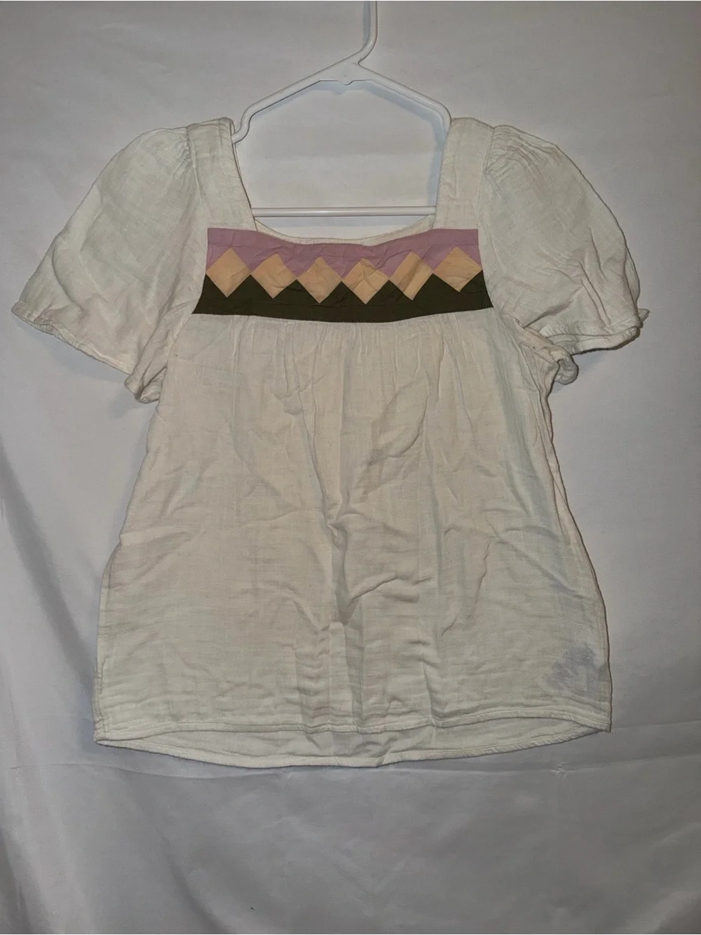 Madewell XXS Cream Geometric Patchwork Puff Sleeve Babydoll Blouse